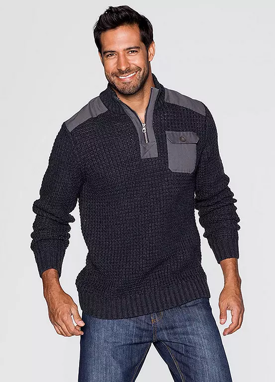 bonprix Quarter Zip Waffle Knit Jumper