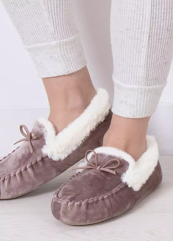 bonprix Totes Ladies Velour Moccasin Mink Slippers