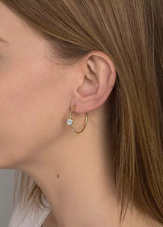 bonprix For You Collection 18ct Yellow Gold Plated Sterling Silver CZ Bezel Creole Hoop Earrings