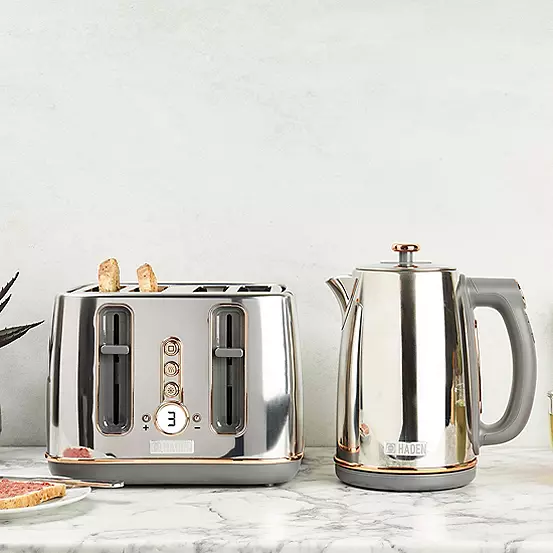 bonprix Haden Dorchester Chrome & Rose Gold Accent Twin Pack -1.7L Kettle & 4 Slice Toaster
