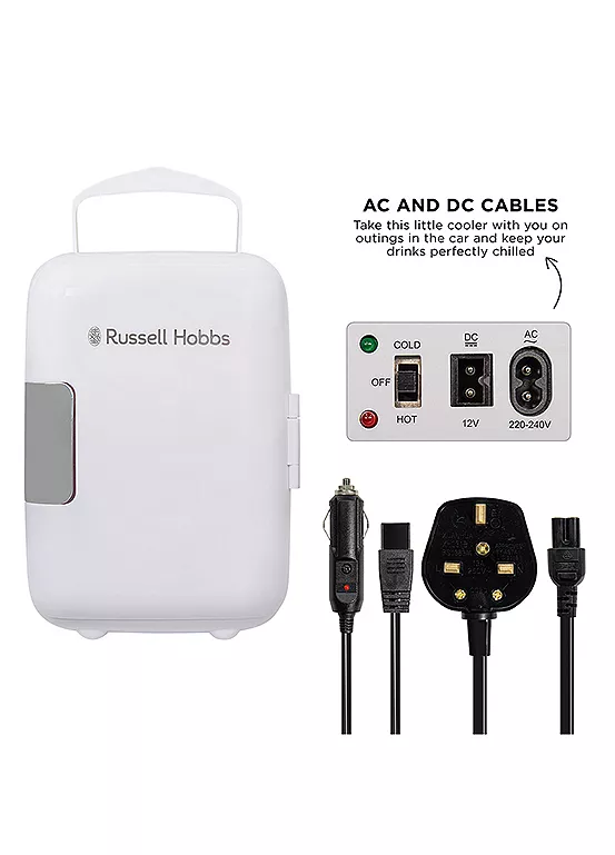 Bonprix Russell Hobbs RH4CLR1001 White & Chrome 4L Mini Compact Cooler For Drinks & Cosmetics - Retro Style