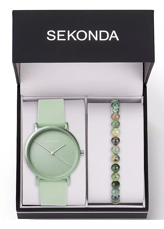 Bonprix Sekonda Ladies Green Palette 2 Piece Gift Set With Light Green Dial Watch & Moss Agate Beaded Bracelet