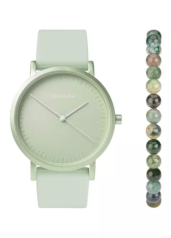 bonprix Sekonda Ladies Green Palette 2 Piece Gift Set with Light Green Dial Watch & Moss Agate Beaded Bracelet