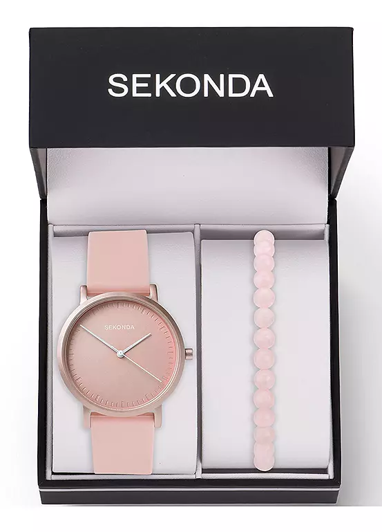 Bonprix Sekonda Ladies Pink Palette 2 Piece Gift Set With Light Pink Dial Watch & Rose Quartz Beaded Bracelet