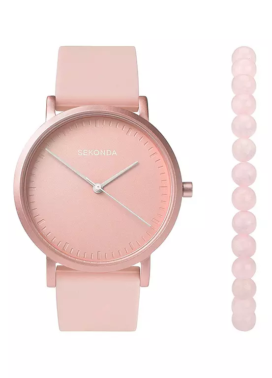 bonprix Sekonda Ladies Pink Palette 2 Piece Gift Set with Light Pink Dial Watch & Rose Quartz Beaded Bracelet