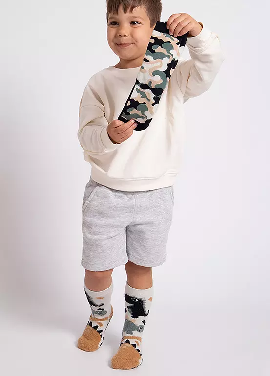 bonprix Totes Kids Younger Boy Pack of 2 Dinosaur & Camo Slipper Socks