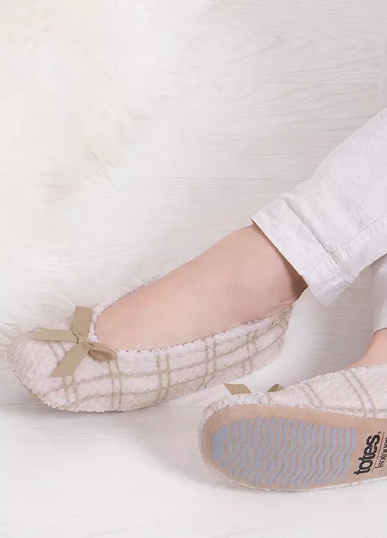 Bonprix Totes Ladies Isotoner Popcorn Terry Ballet Natural Check Slippers