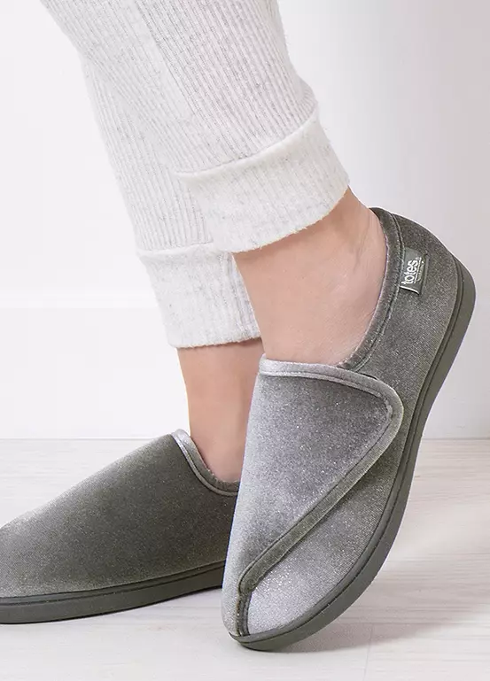 bonprix Totes Ladies Isotoner Sparkle Grey Velour Closed Back with Velcro Tab Slippers