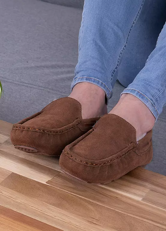 Bonprix Totes Men’s Tan Real Suede Moccasin Slippers