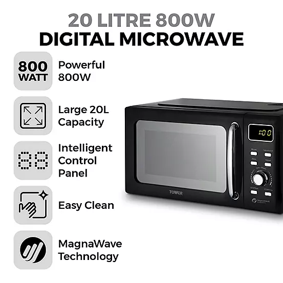 Bonprix Tower 800W 20L Digital Microwave T24041BLK - Black & Chrome