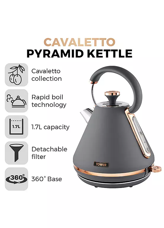 Bonprix Tower Cavaletto 1.7L Pyramid Kettle 3000W T10044RGG - Grey And Rose Gold