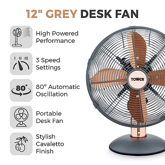 Bonprix Tower Cavaletto 12inch Metal Desk Fan With 3 Speed Settings T611000G - Grey And Rose Gold