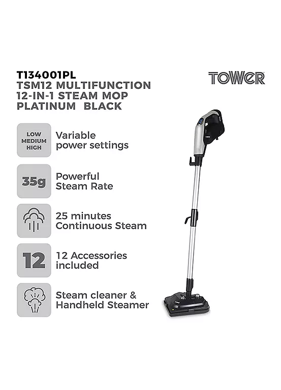 Bonprix Tower T134001Pl Tsm12 Multi-Functional 12-In-1 Steam Mop - Black & Platinum