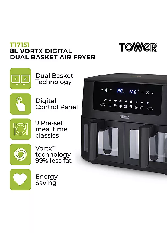 Bonprix Tower T17151 Vortx Dual Basket Air Fryer With Vizion Viewing Windows 9 Preset Functions 8L 3040W Black