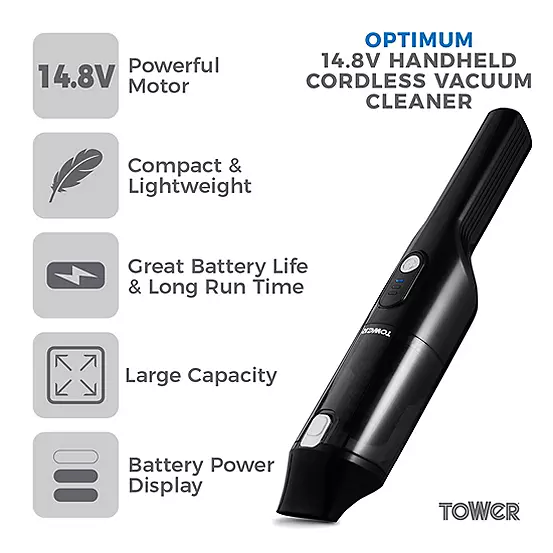 Bonprix Tower T527000 Optimum 14.8V Handheld Vacuum Cleaner Cordless With A Large 0.5L Capacity & Powerful Motor 200W