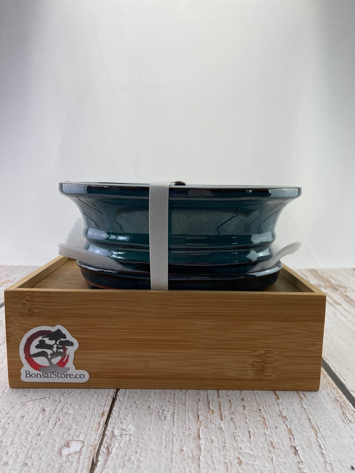 Bonsai Ceramic Pot With Humidity Tray - Blue Oval