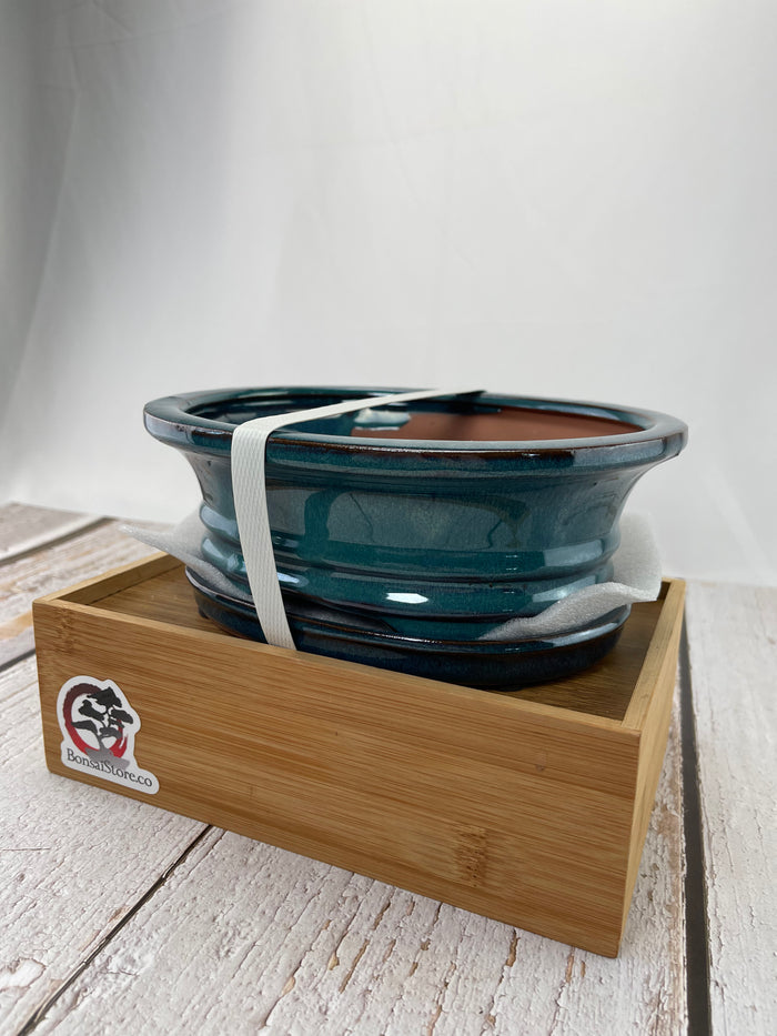 Bonsai Ceramic Pot With Humidity Tray - Blue Oval