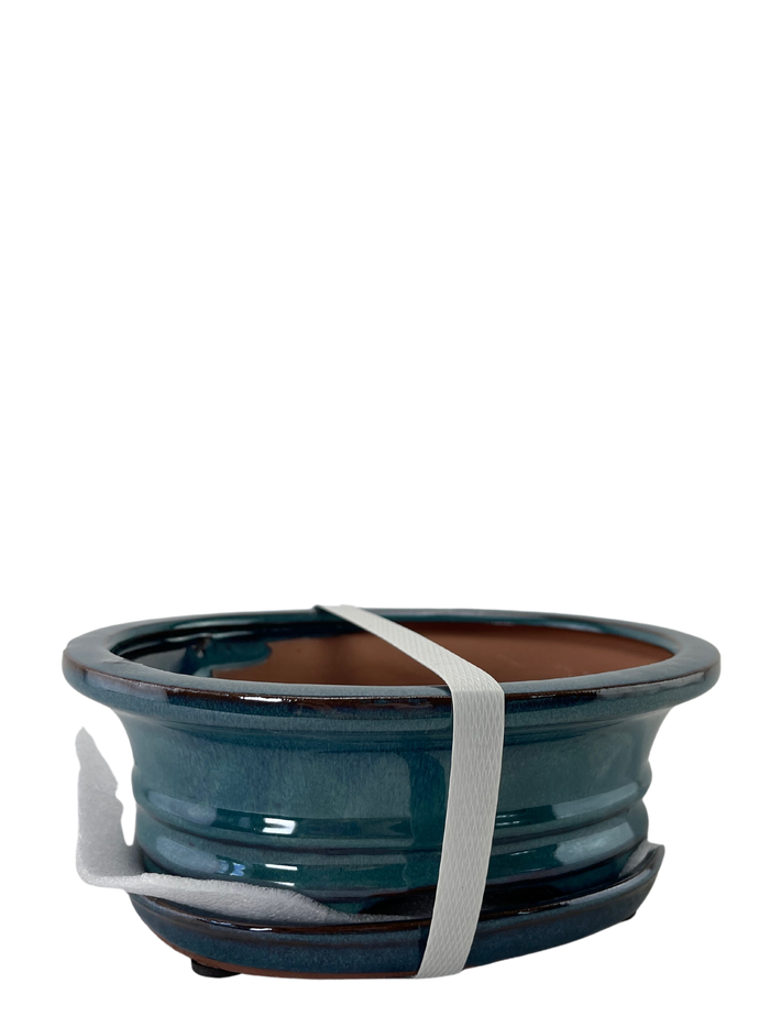 bonsai Ceramic Pot with Humidity Tray - Blue Oval