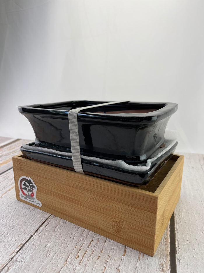 Bonsai Ceramic Pot With Humidity Tray - Black Rectangle