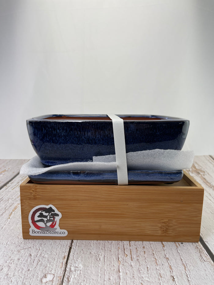 Bonsai Ceramic Pot With Humidity Tray - Blue Rectangle
