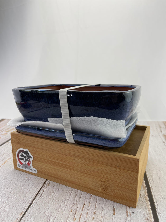 Bonsai Ceramic Pot With Humidity Tray - Blue Rectangle