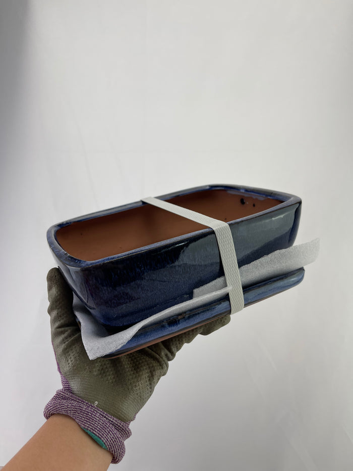 Bonsai Ceramic Pot With Humidity Tray - Blue Rectangle