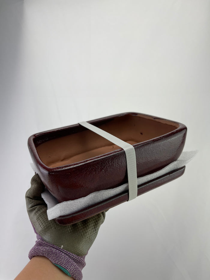 Bonsai Ceramic Pot With Humidity Tray - Red Rectangle