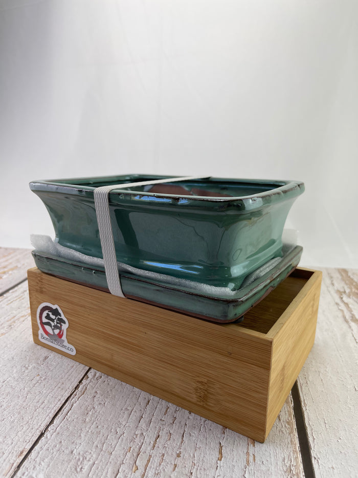 Bonsai Ceramic Pot With Humidity Tray - Turquoise Rectangle