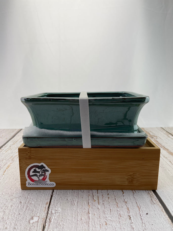 Bonsai Ceramic Pot With Humidity Tray - Turquoise Rectangle