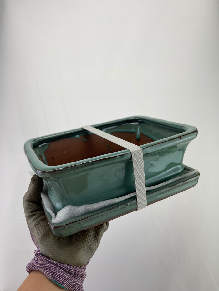Bonsai Ceramic Pot With Humidity Tray - Turquoise Rectangle