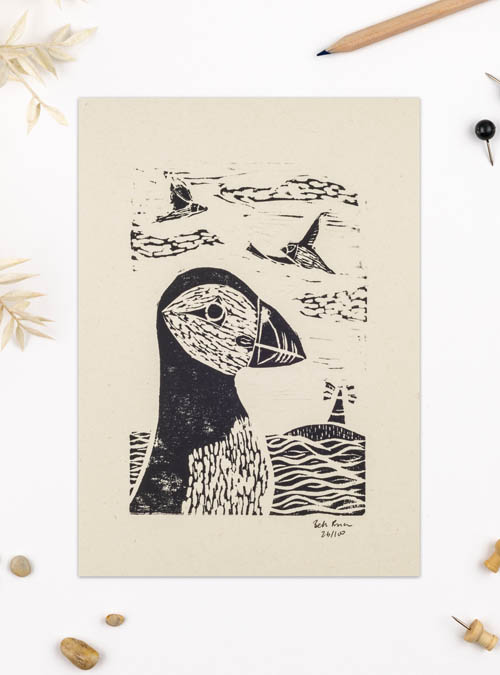 boodle Puffin Lino print