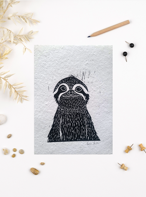 boodle Sid the Sloth Lino Print