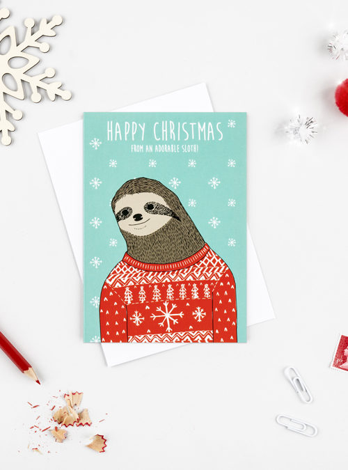 boodle Sloth in a sweater Christmas card