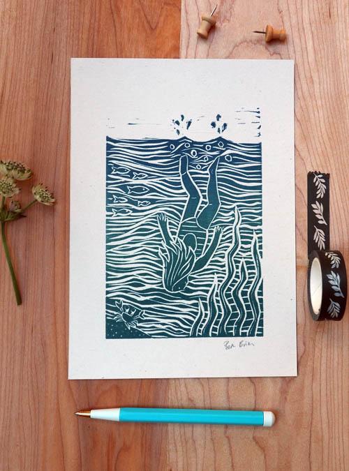 Boodle Wild Swimming Lino Print