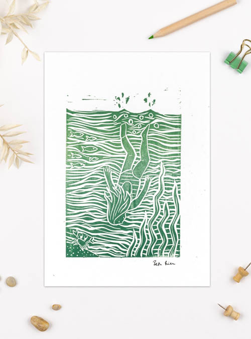 boodle Wild swimming lino print