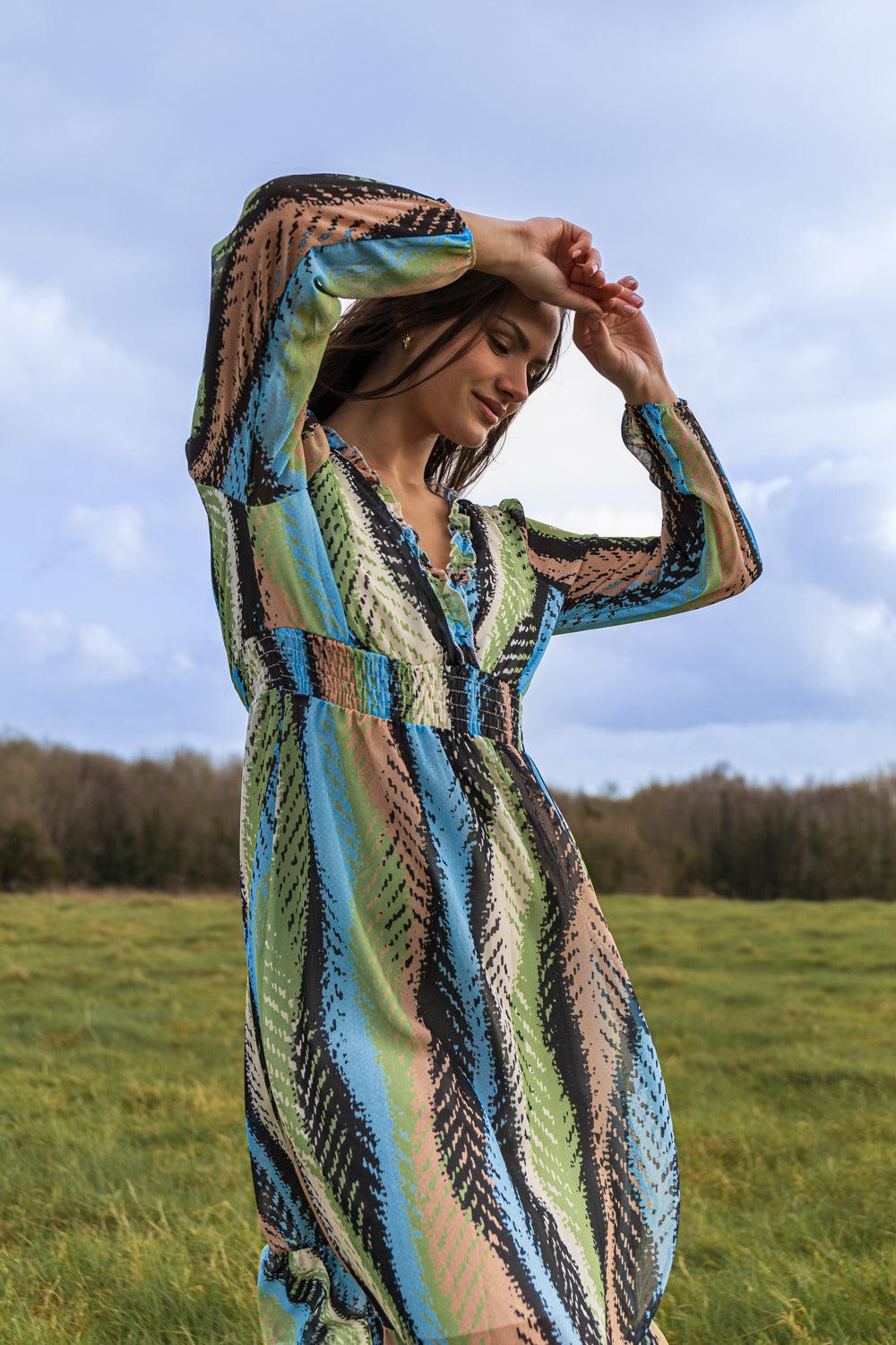 Born Adele Green & Blue Leaf Printed Midi Dress