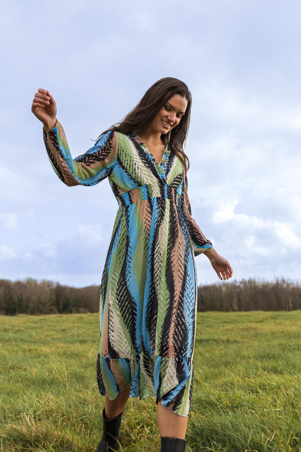 born Adele Green & Blue Leaf Printed Midi Dress