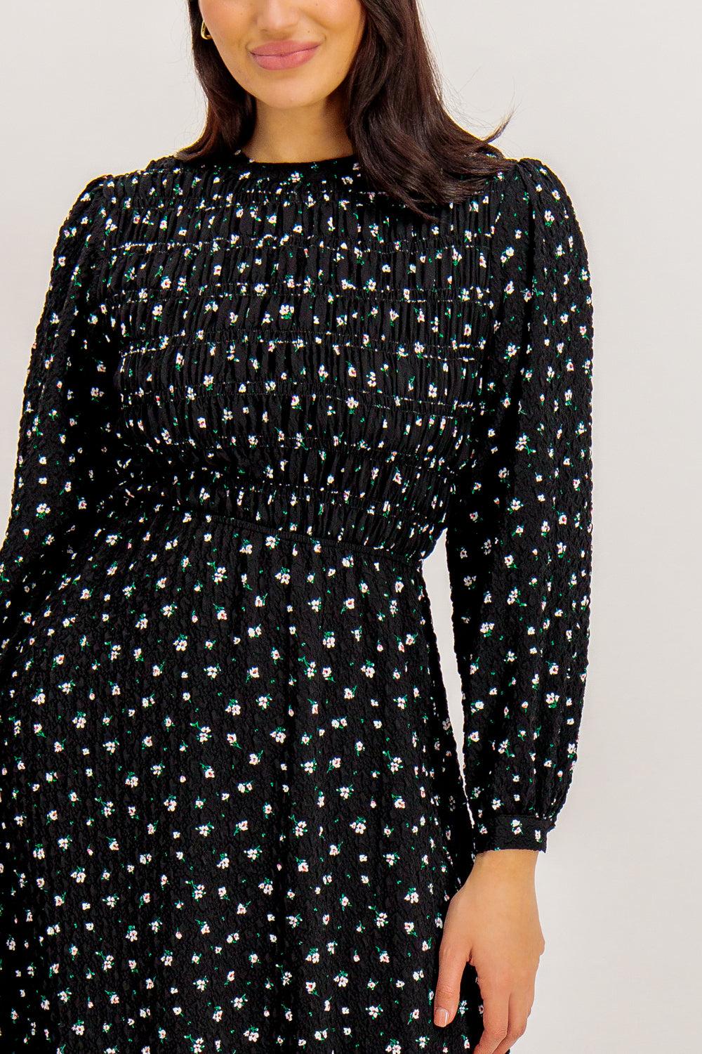 Born Aimee Black Floral Print Midi Dress