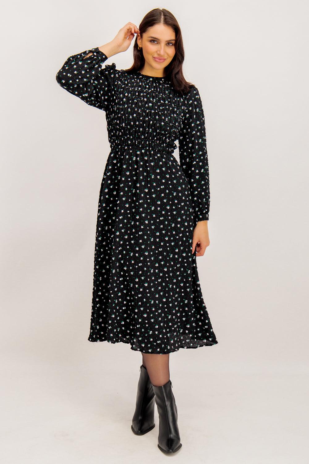 Born Aimee Black Floral Print Midi Dress