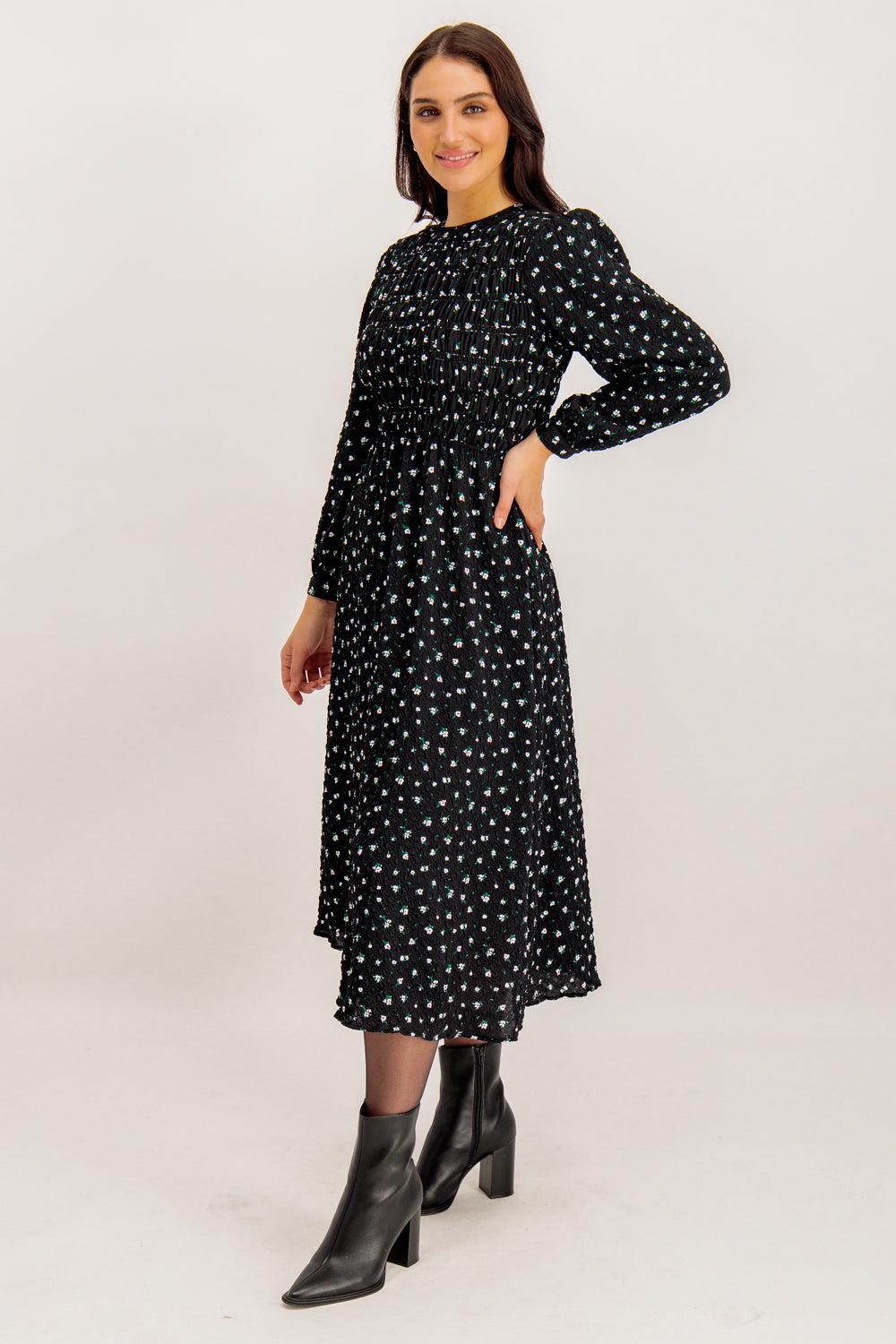 Born Aimee Black Floral Print Midi Dress