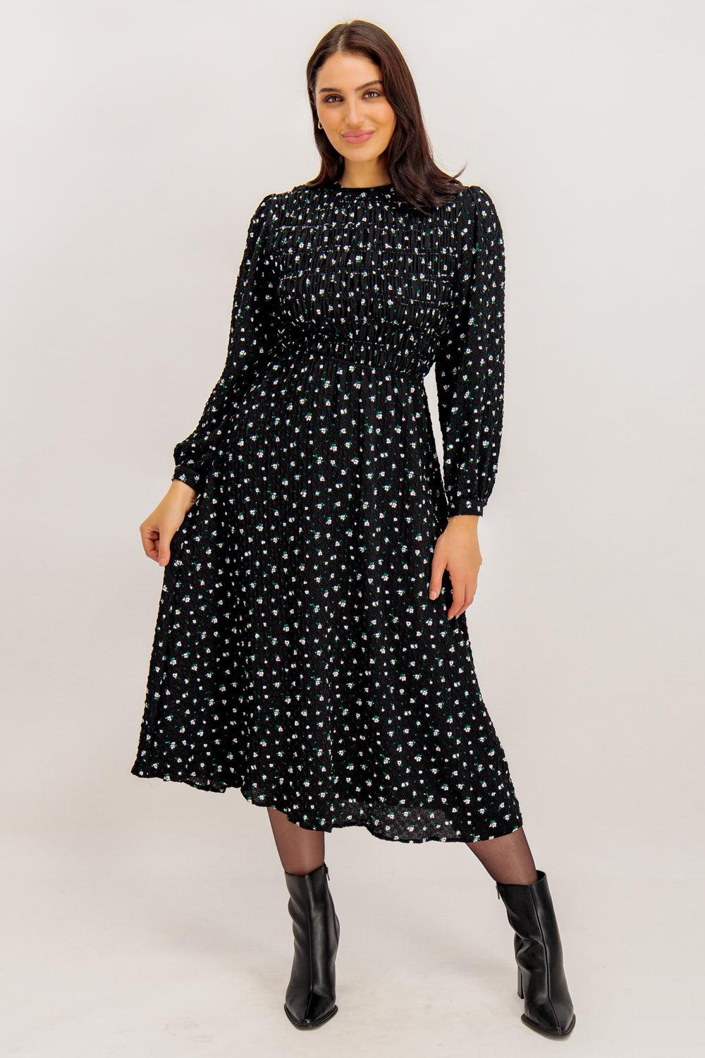 born Aimee Black Floral Print Midi Dress