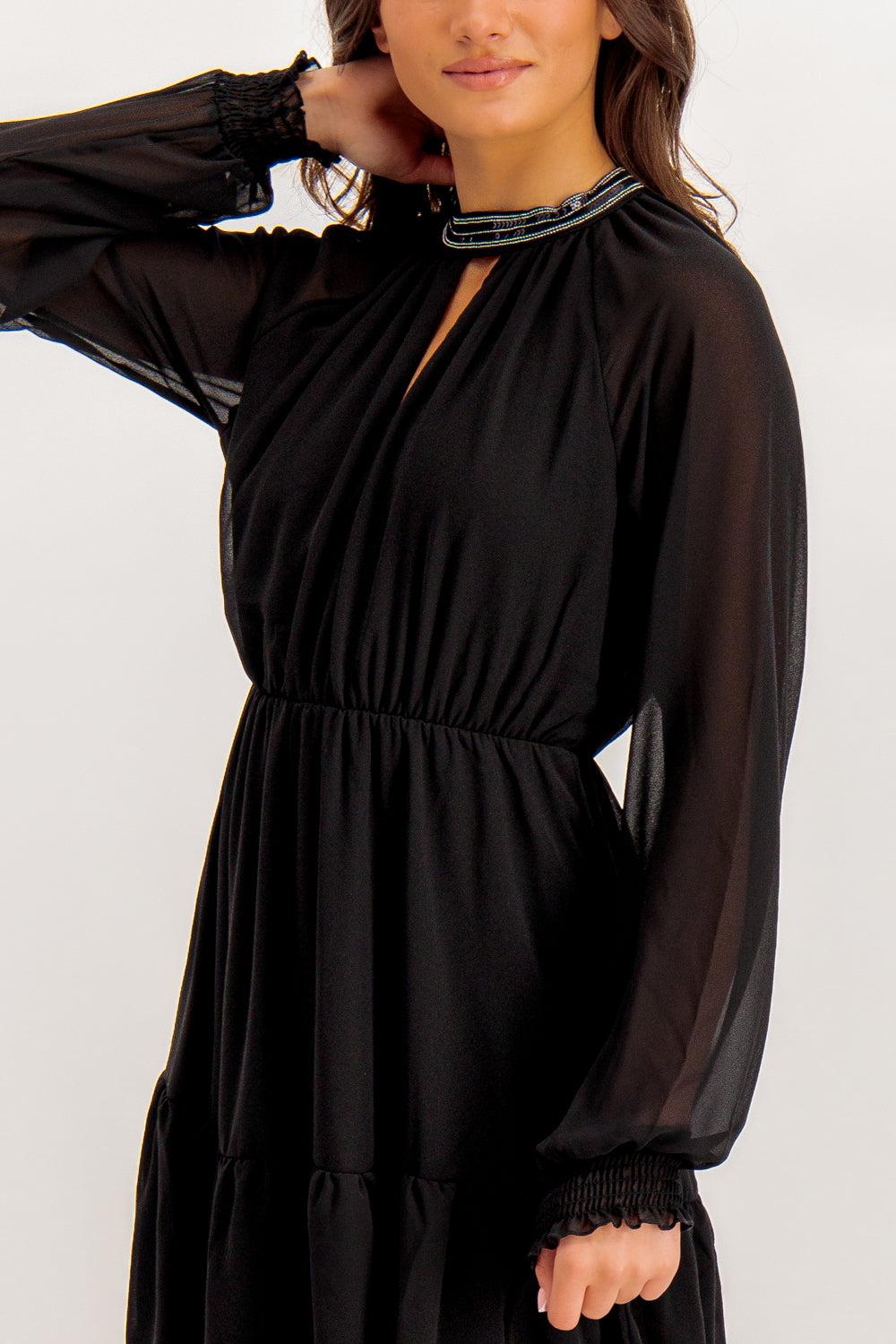 Born Anlis Embellished High Neck Black Dress