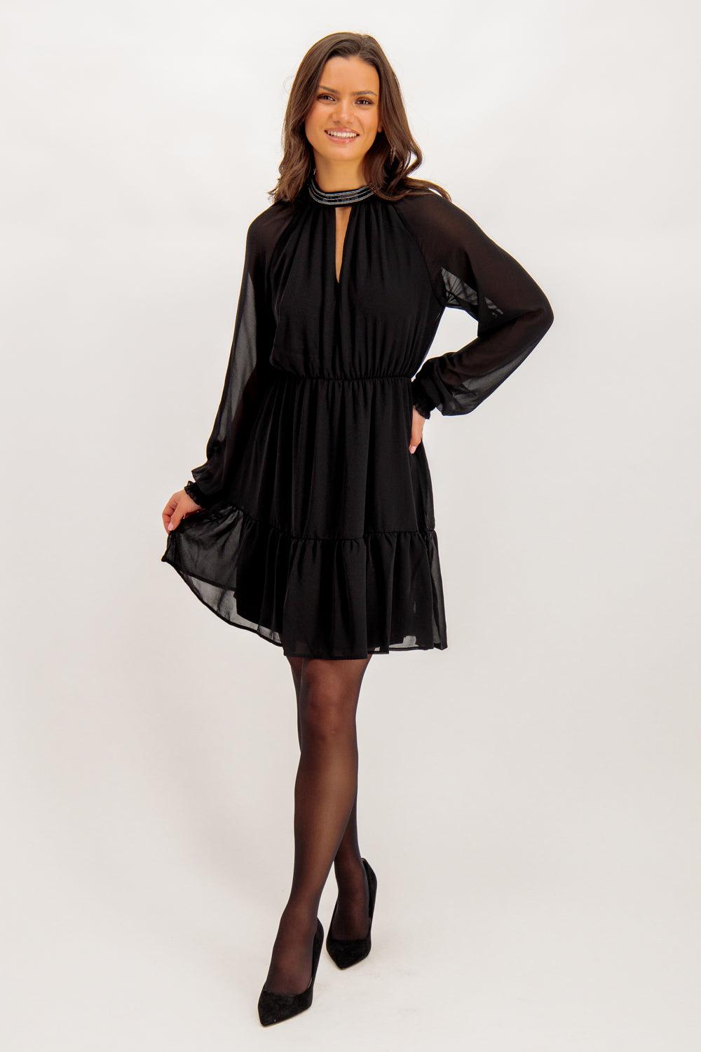 Born Anlis Embellished High Neck Black Dress