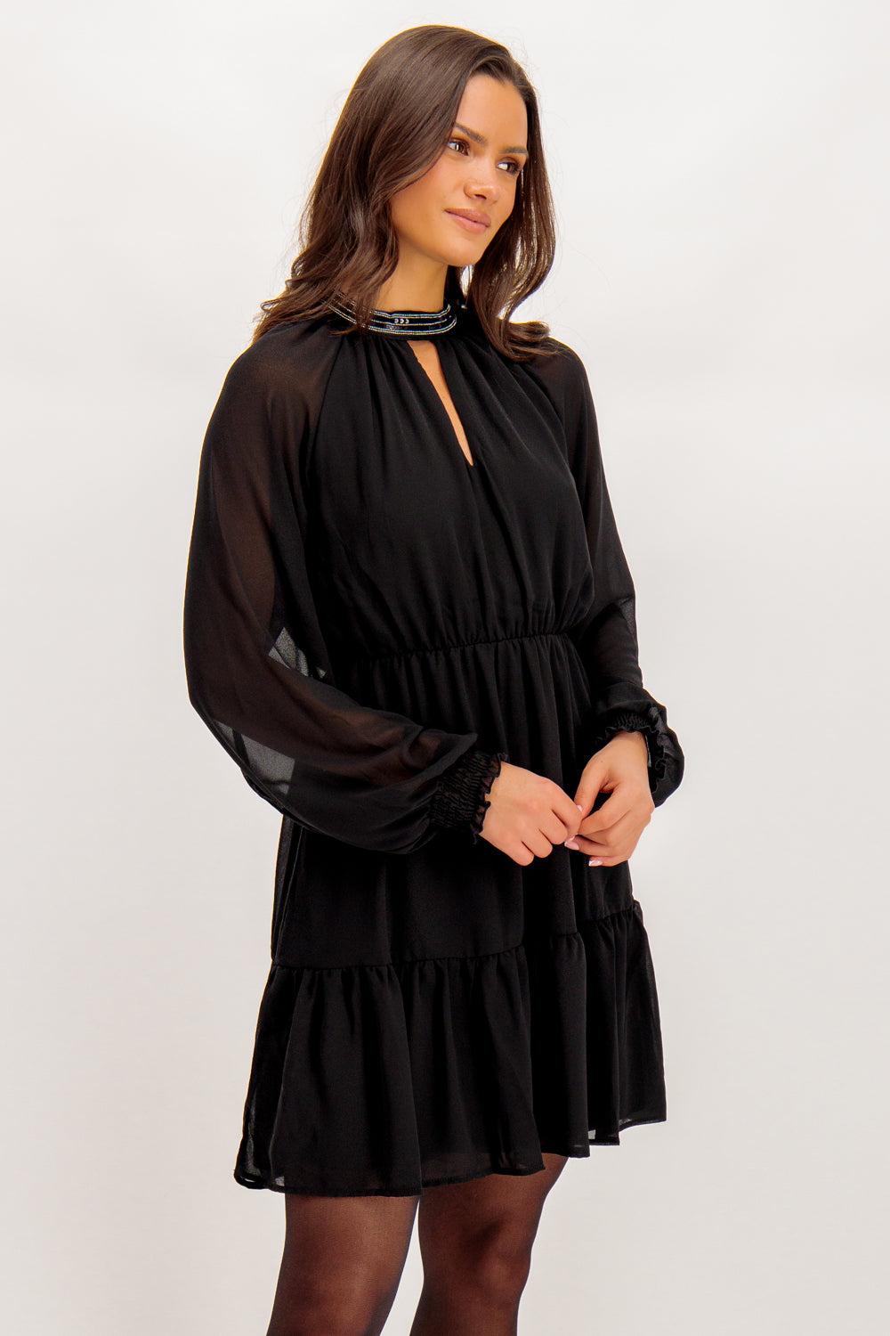 Born Anlis Embellished High Neck Black Dress