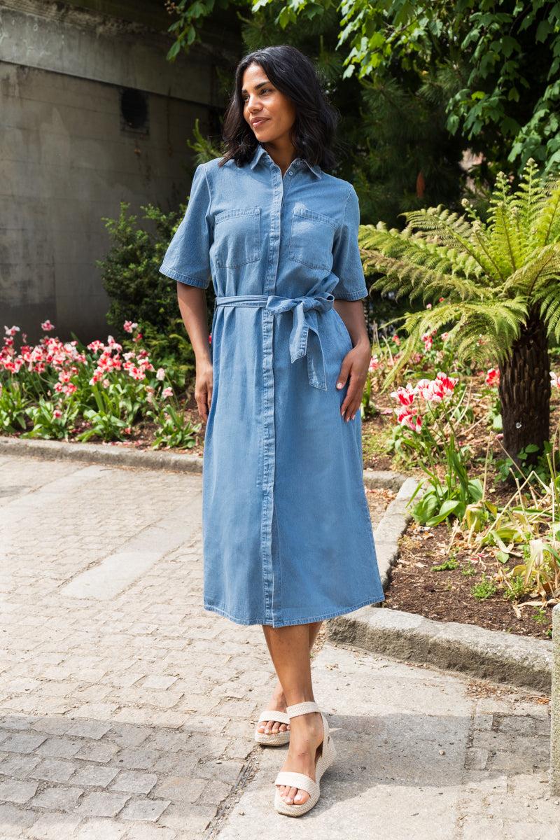 born Annie Denim Belted Midi Dress