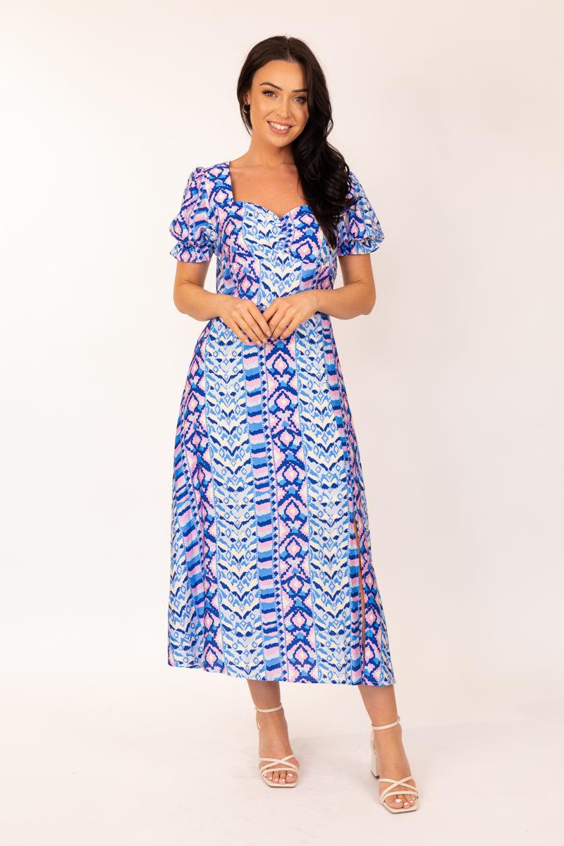 born Aztec Blue & Pink Print Sweetheart Dress