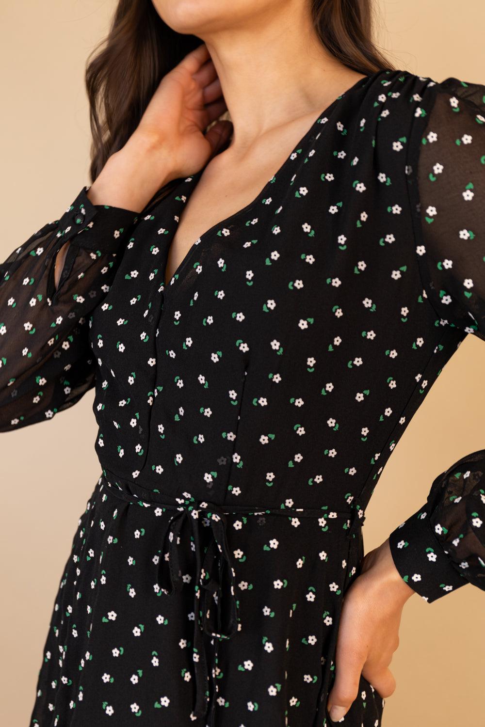 Born Bella V-Neck Black Floral Print Dress