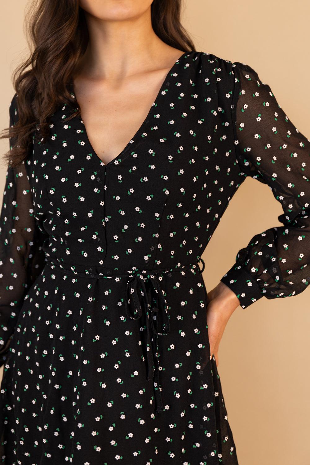 Born Bella V-Neck Black Floral Print Dress