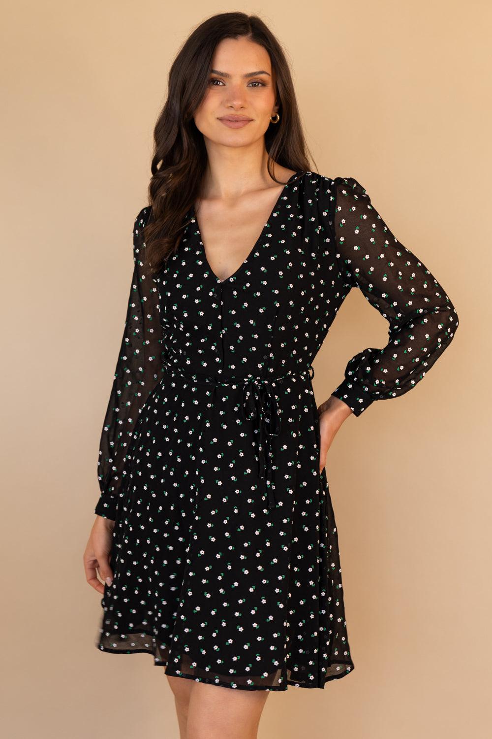 born Bella V-Neck Black Floral Print Dress