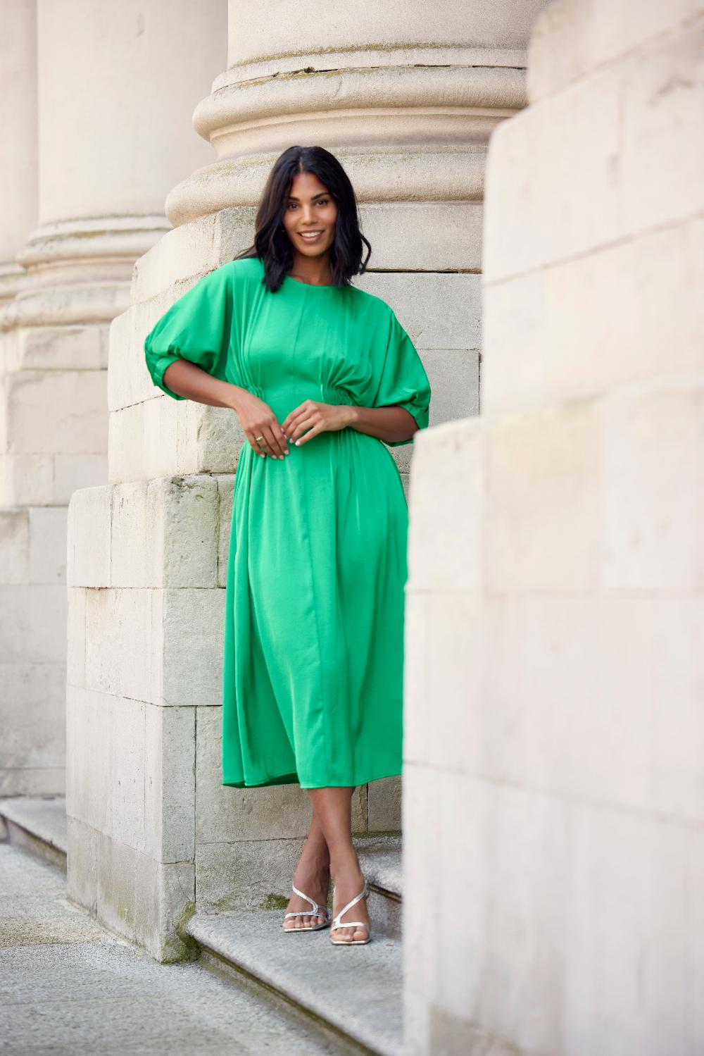 Born Bianca Green Pleated Midi Dress